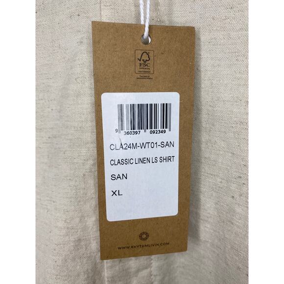 New Rhythm Livin Men's Classic Linen Long Sleeve Shirt, Tan Size XL - Picture 2 of 3